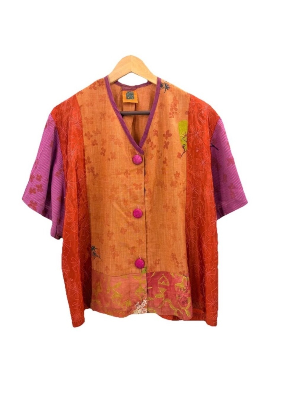 JG's Mad Lab Artsy Colorful Mixed Materials Button Down Shirt Top Womens L/XL